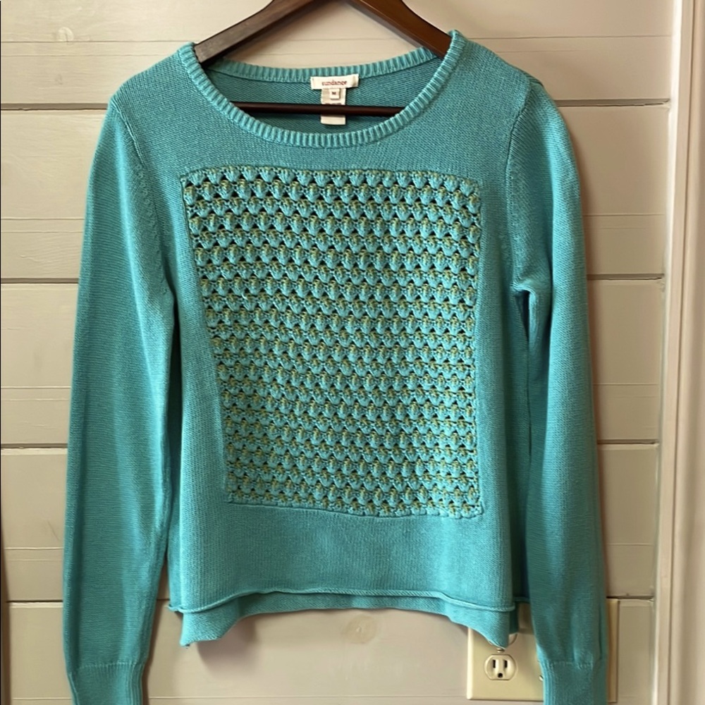 Sundance Sweater Women’s Blue Green Pullover Open-Knit Crochet Boho Size M.